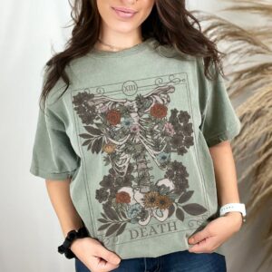 Death Tarot Card Oversized Comfort Colors Tshirt, Witchy Skeleton Tarot Garment-Dyed Shirt, Botanical Gothic Tee, Grunge Goblincore Clothing
